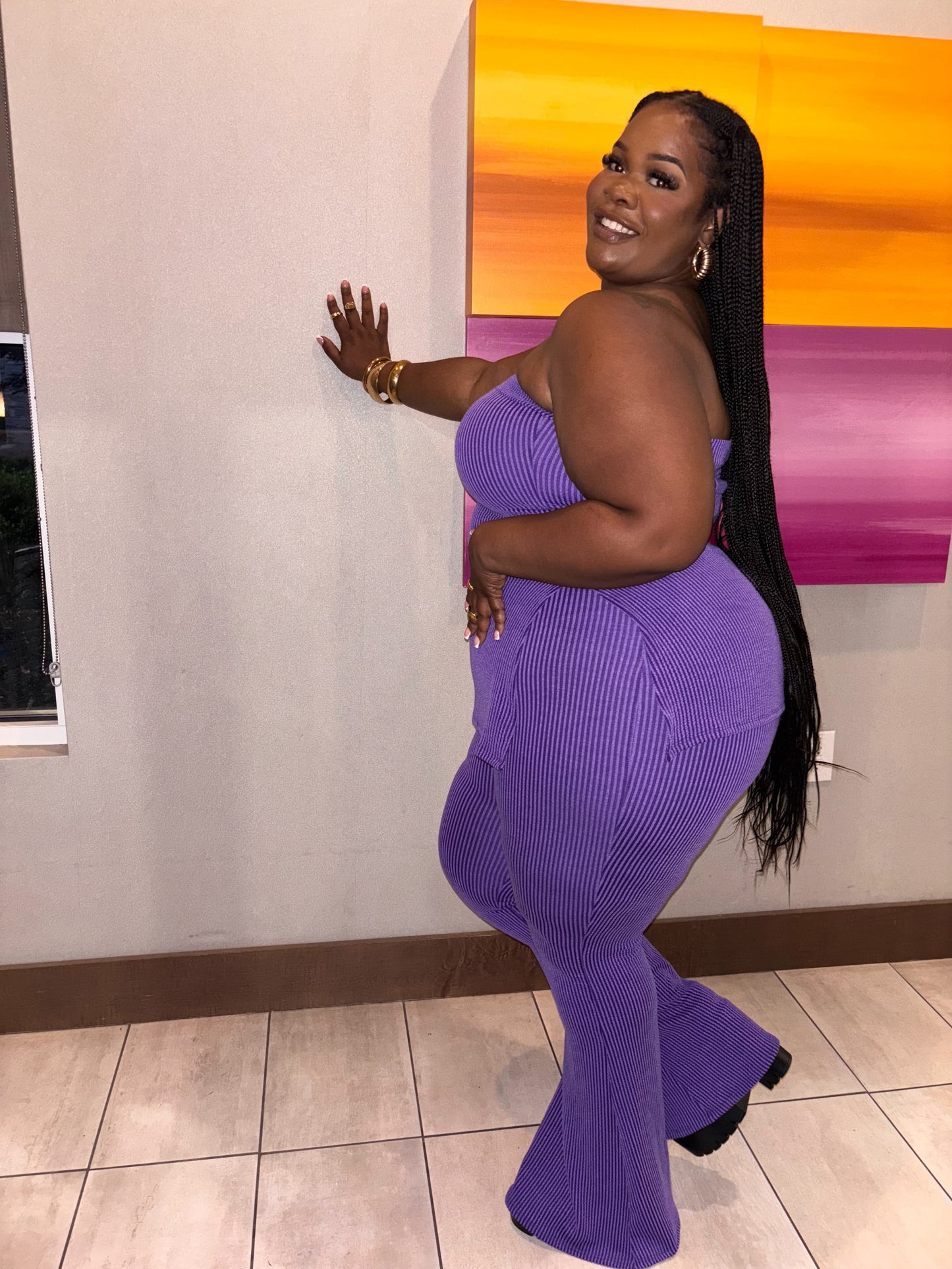 Pink Ribbed Pant Tube Top Set