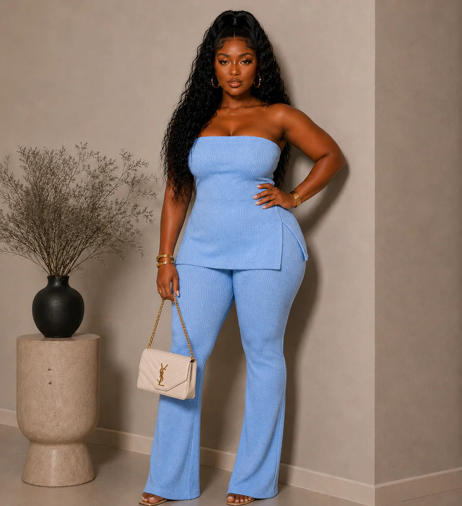 Blue Ribbed Tube Top Pant Set