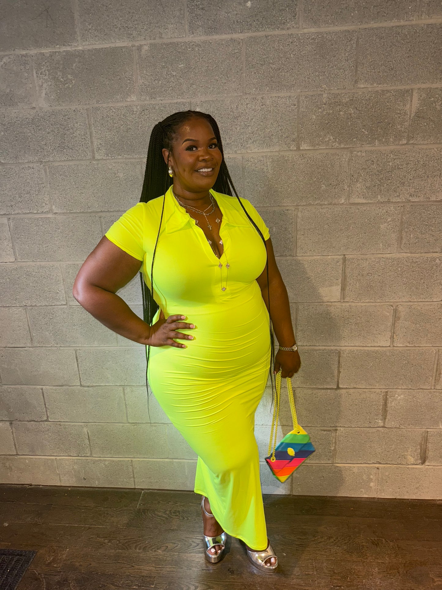 VK Collar Midi Dress Neon Yellow