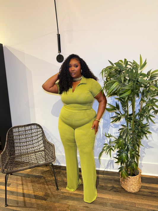 Ribbed Flare Pant Set Green