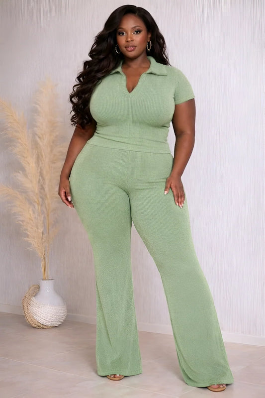 Sage Ribbed Collared Pant Set