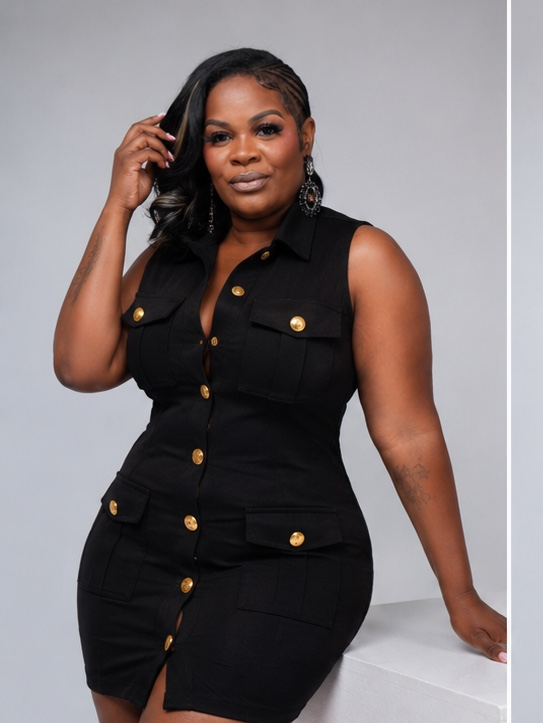 Gold Button Collared Denim Dress Black
