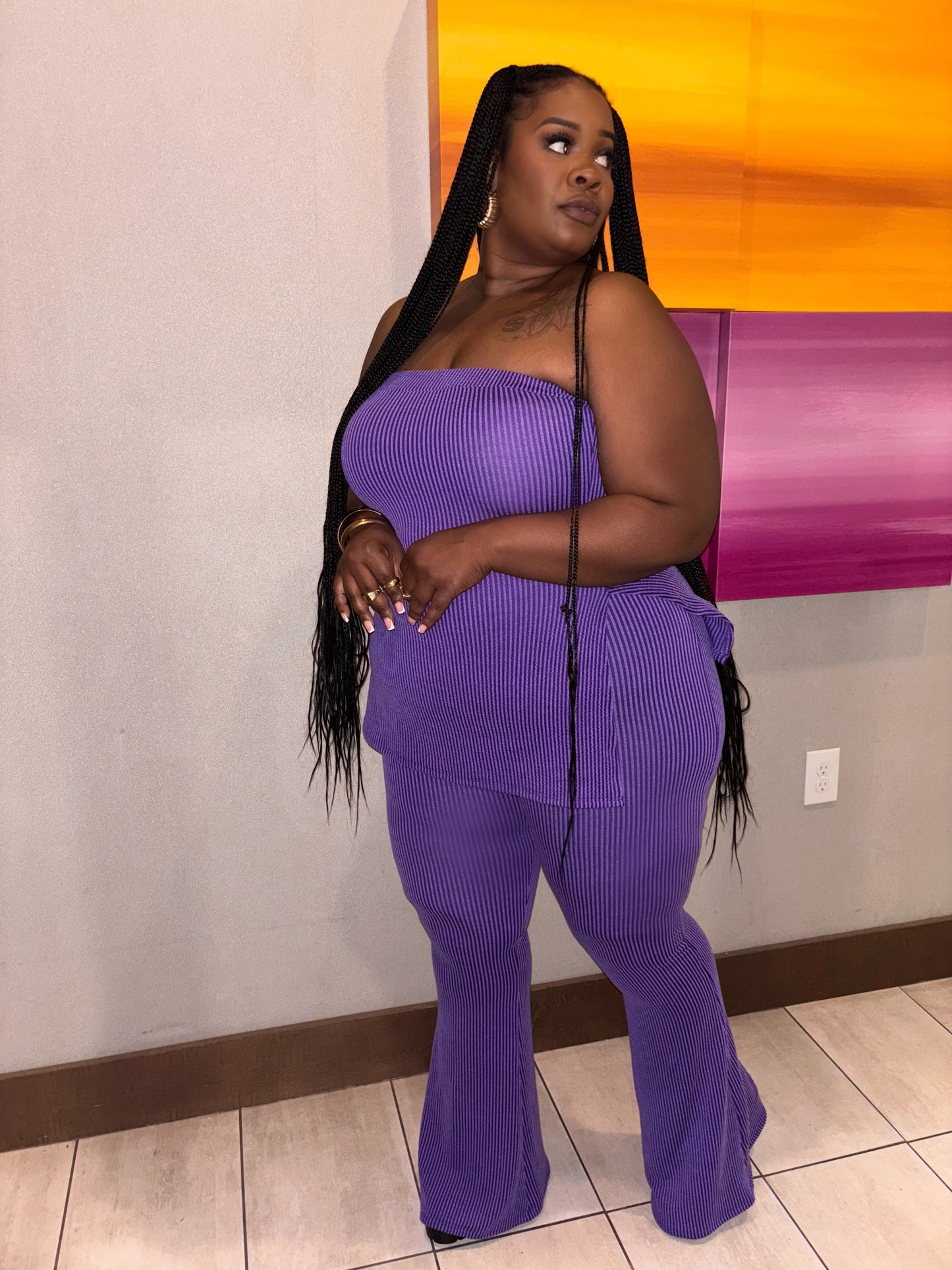 Pink Ribbed Pant Tube Top Set
