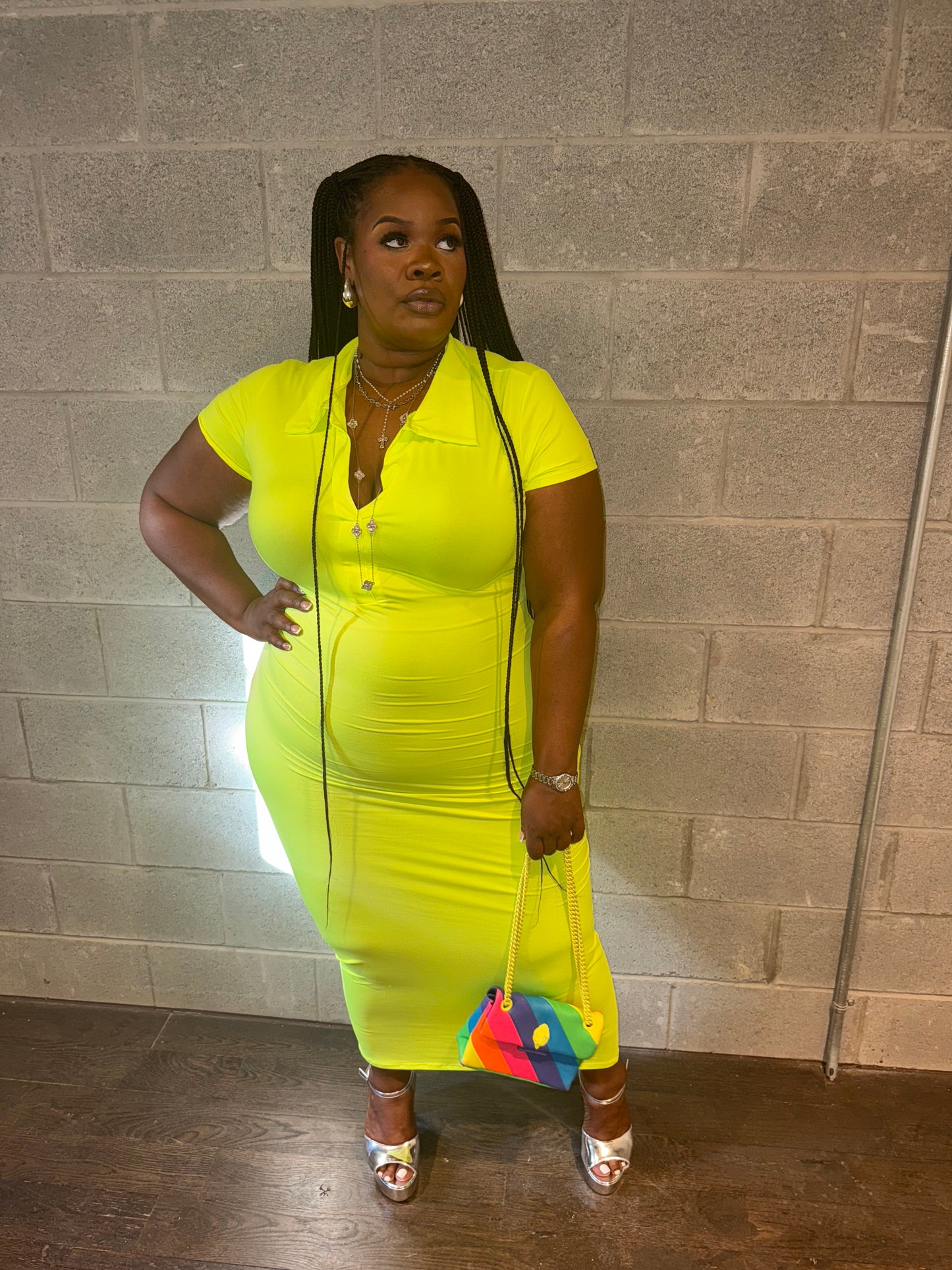 VK Collar Midi Dress Neon Yellow
