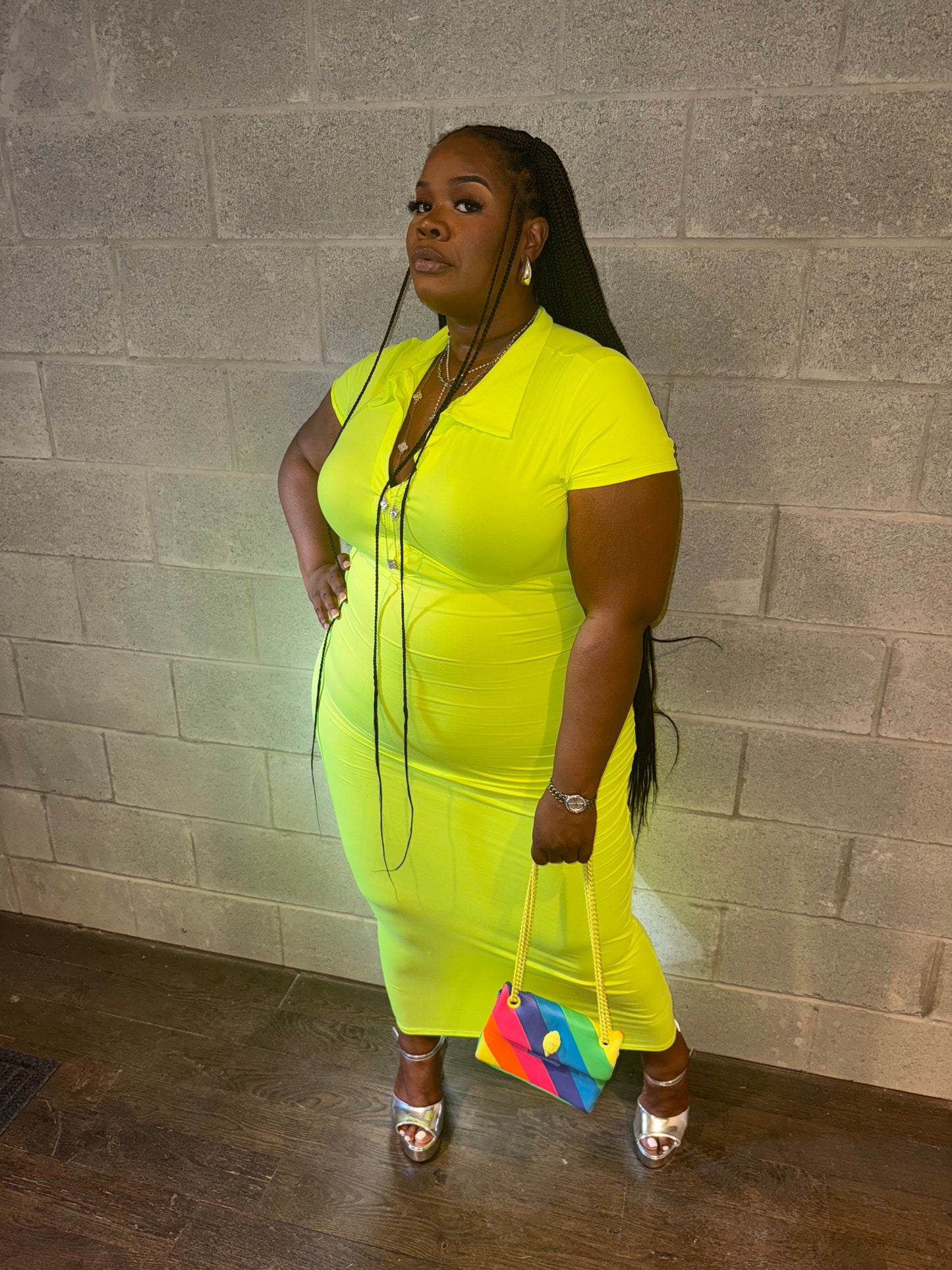 VK Collar Midi Dress Neon Yellow