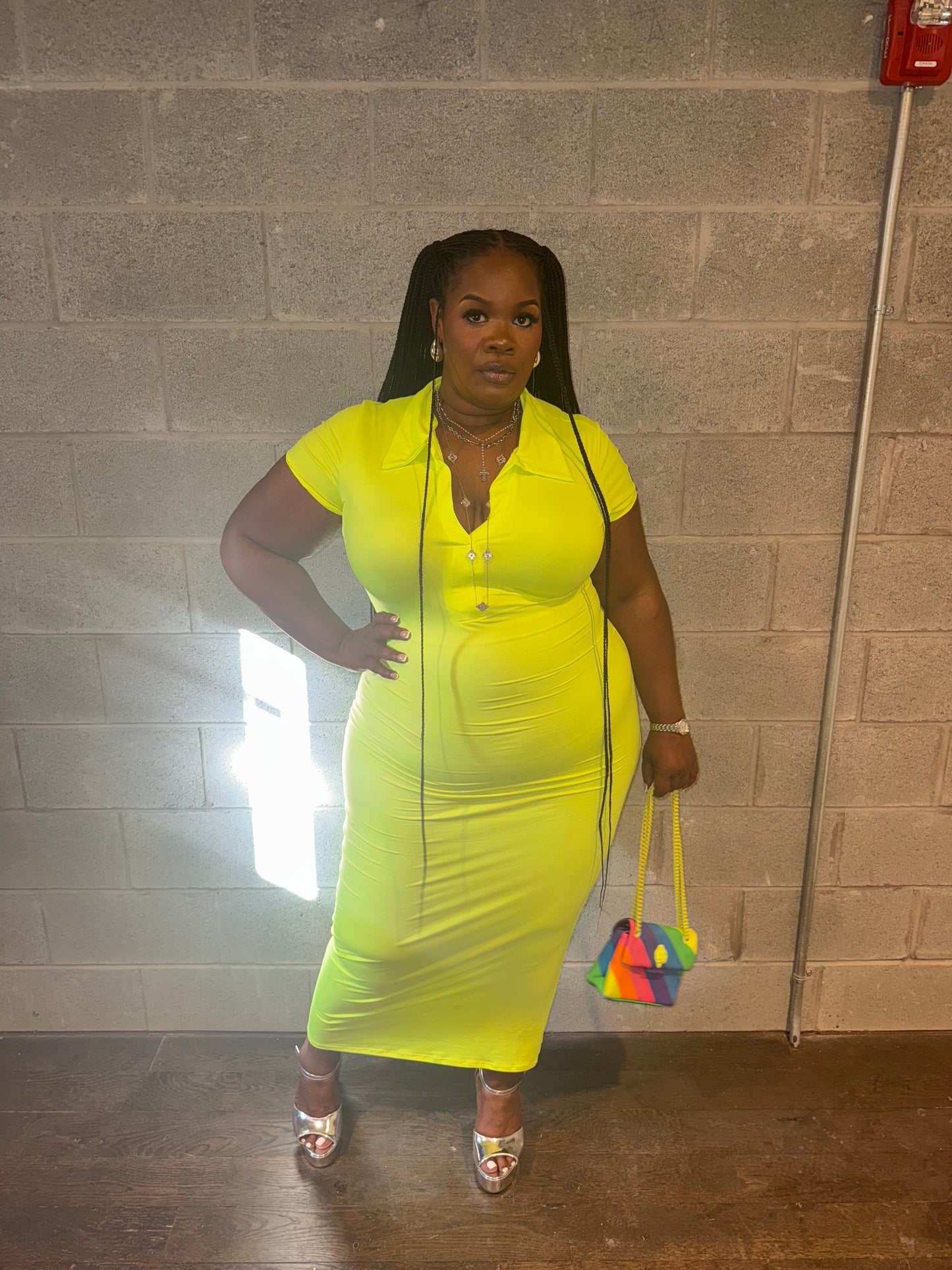 VK Collar Midi Dress Neon Yellow