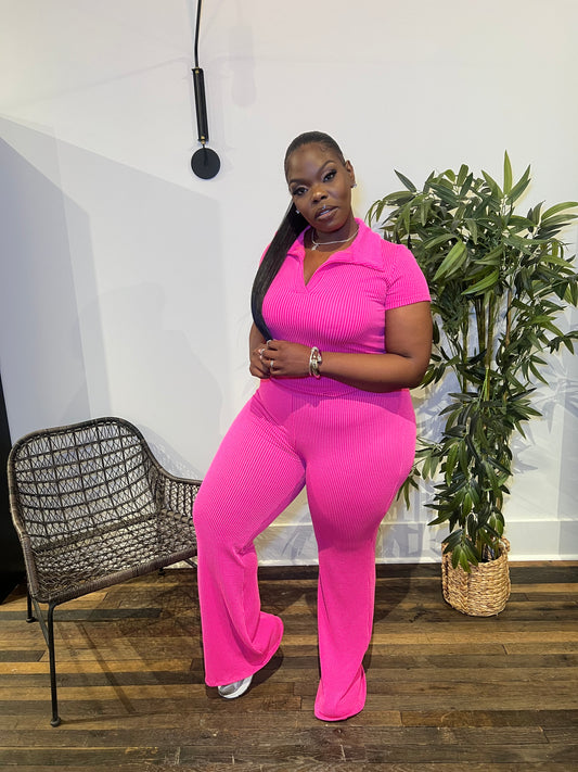 Pink Ribbed Flare Pant Set