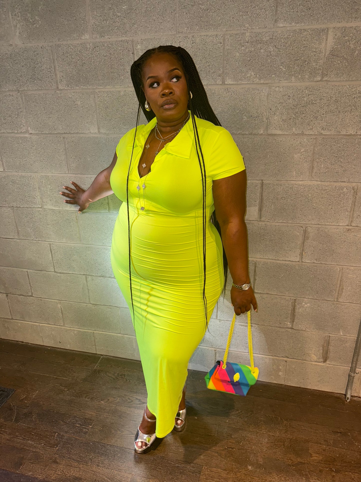 VK Collar Midi Dress Neon Yellow