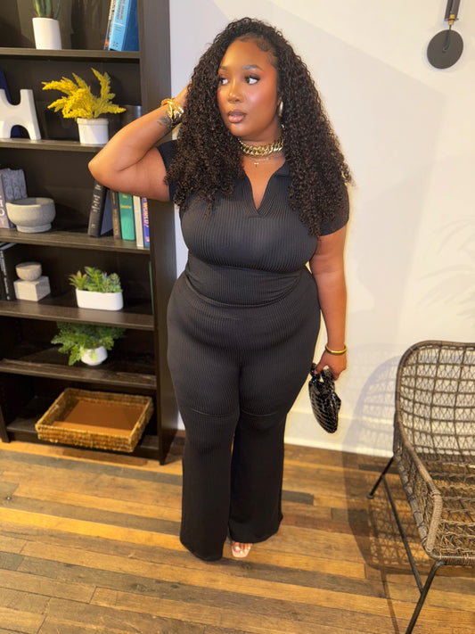 Black Ribbed Flare Pant Set