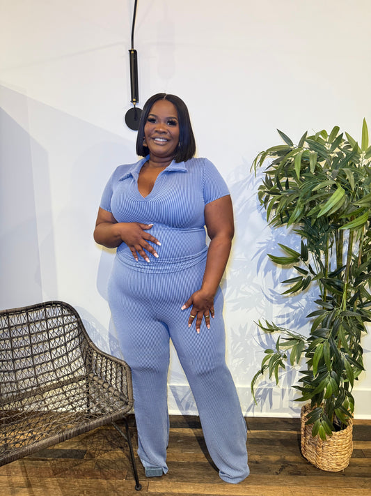 Blue Ribbed Flare Pant Set