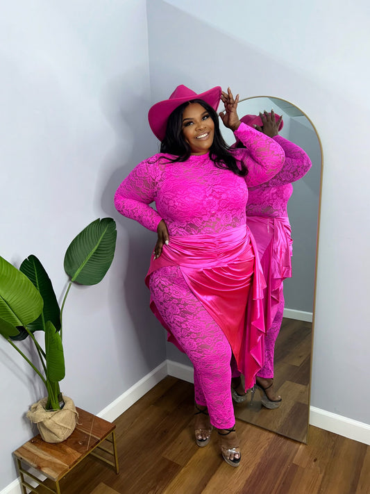 Lux Lace Jumpsuit & Satin Skirt Set Fuchsia
